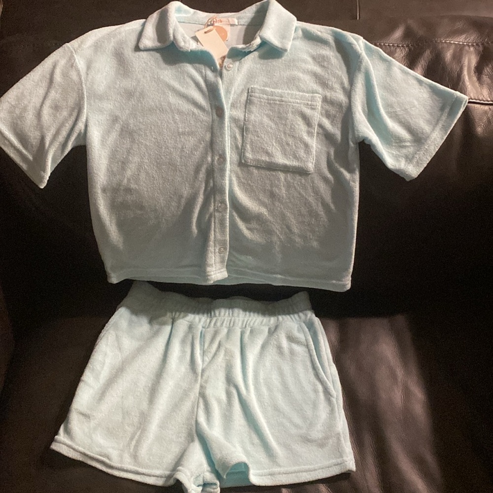 GB Girls 2-Piece Cover Up, Top & Shorts, Terrycloth, Pastel Green, Size L NWT